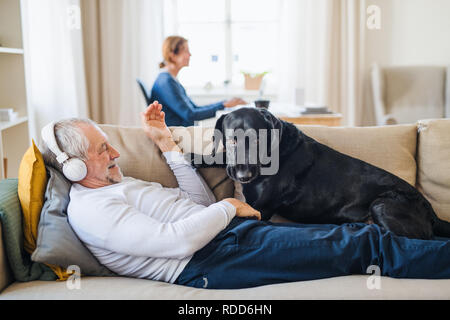 Ein älteres Paar im Innenbereich mit einem Hund zu Hause, mit Laptop und Kopfhörer. Stockfoto