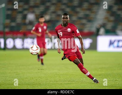 17. Januar 2019, Zayed Sports City Stadium, Abu Dhabi, Vereinigte Arabische Emirate; AFC Asian Cup Fußball, Saudi-Arabien und Katar; Almoez Ali in Katar. Stockfoto