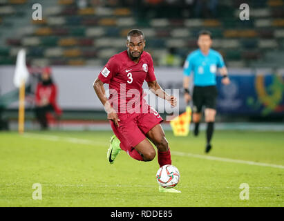 17. Januar 2019, Zayed Sports City Stadium, Abu Dhabi, Vereinigte Arabische Emirate; AFC Asian Cup Fußball, Saudi-Arabien und Katar; Abdelkarim Hassan in Katar. Stockfoto