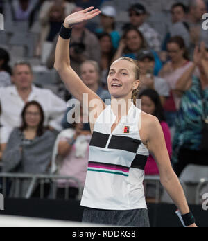 Melbouren, Australien. Jan, 2019 18. Petra Kvitova der tschechischen Republik feiert nach der 3. Runde Frauen singles Match gegen Belinda Bencic der Schweiz am Australian Open in Melbourne, Australien, 18.01.2019. Credit: Hu Jingchen/Xinhua/Alamy leben Nachrichten Stockfoto