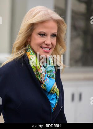 Washington, Vereinigte Staaten von Amerika. Jan, 2019 18. Senior Counsellor Kellyanne Conway Spaziergänge an der nördlichen Einfahrt in einem Netzwerk Interview im Weißen Haus in Washington, DC am Freitag, 18. Januar 2019. Credit: Ron Sachs/CNP | Verwendung der weltweiten Kredit: dpa/Alamy leben Nachrichten Stockfoto