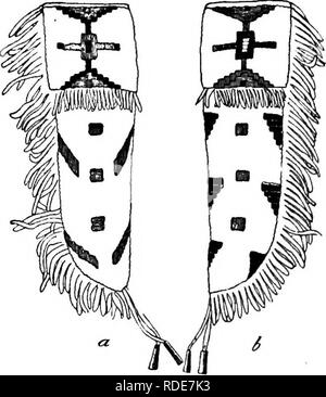 . Der Arapaho. Arapaho Indianer; Arapaho Kunst; Symbolik in der Kunst; Bild - schreiben, Inder, Indianer Nordamerikas; Indianer Nordamerikas. 88 Bulletin American Museum of Natural History. [Vol. XVIII, auf dem Körper der Scheide stellen Pfeil-Punkte. Die Plätze in der Mitte sind Felder, und die Linien zwischen ihnen sind die konventionellen Morgen - Stern Kreuz. Die kleinen Quadrate auf den Anhänger zu der Stelle, an der der Scheide befestigt sind Rinder - Titel. Die Bedeutung der Ornamentik auf einem anderen Messer - Fall (Abb. 6, Platte xiii) ist wie folgt. Der gelbe Hintergrund ist die Masse. Die dunkle Klinge - Stockfoto