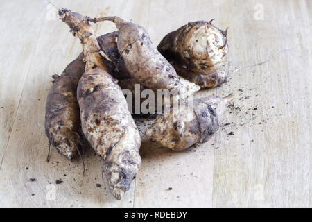 Helianthus tuberosus' Fuseau'. Topinambur auf einer hölzernen Hintergrund. Stockfoto