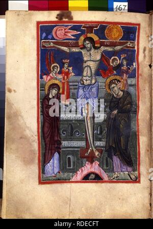 Die Kreuzigung (Manuskriptillumination aus dem Matenadaran Evangelium). Museum: Mesrop Mashtots Institut für alte Handschriften (Matenadaran), Jerewan. Autor: Meister des Codex Matenadaran. Stockfoto