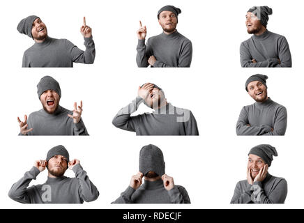 Eingestellt von Portraits eines jungen Mannes mit verschiedenen Emotionen Stockfoto