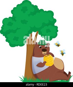Tragen unter dem Baum mit Bee Hive und isst Honig Stock Vektor