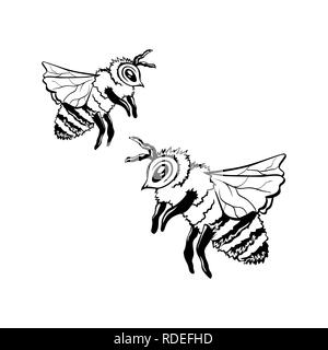 Zwei Honey Bee, Outline Logo Design. Isolierte Vektor. Schwarz graviert Element. Vintage Style Abbildung: Flying Wasp Stock Vektor