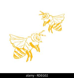 Zwei Honey Bee, Outline Logo Design. Isolierte Vektor. Gelb graviert Element. Vintage Style Abbildung: Flying Wasp Stock Vektor