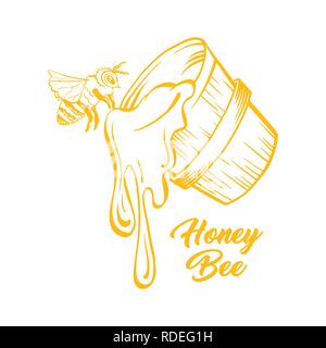 Honig Eimer und Biene, Outline Logo Design. Isolierte Vektor. Gelb graviert Element. Vintage Style Abbildung: Flying Wasp und Honig tropfen Stock Vektor