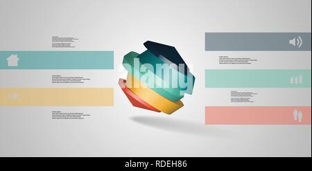 3D-Illustration Infografik Vorlage. Die runde Octagon ist auf fünf Farben aufgeteilt. Objekt ist schief auf grau weiß Hintergrund angeordnet. Farbbalken Stock Vektor