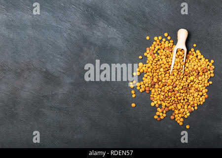 Roh Linsen auf Schwarz Stein Hintergrund. Gesunde vegetarische Essen Konzept. Superfoods. Ansicht von oben, kopieren. Linsen sind reich an komplexen Kohlenhydraten, f Stockfoto