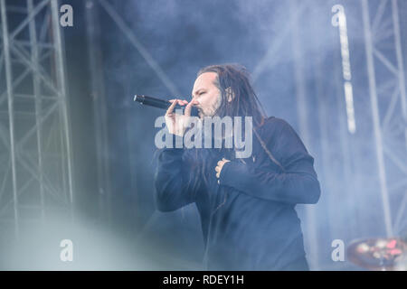 Österreich, Nickelsdorf - Juni 15., 2018. Der amerikanische Sänger Jonathan Davis führt ein Live Konzert während der österreichischen Musik Festival Nova Rock Festival 2018. (Foto: Gonzales Foto - synne Nilsson). Stockfoto