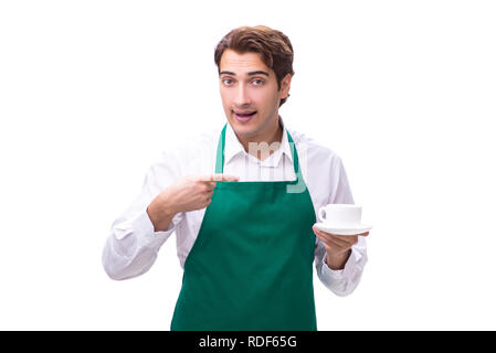 Junge barista auf weißem Hintergrund Stockfoto