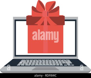 Laptop mit Gift box auf dem Bildschirm Stock Vektor