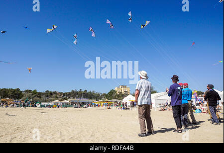 CERVIA, ITALIEN, APRIL 2018: Viele bunte Drachen in verschiedenen Formen in Cervia international kite Festival 2018 Artevento, pinarella Strand entfernt. Stockfoto