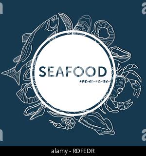 Seafood Restaurant Menü Abdeckung auf Blau. Hand gezeichneten Fisch, Krabben, Tintenfisch, Austern, Garnelen, Muscheln, Lachs Stock Vektor