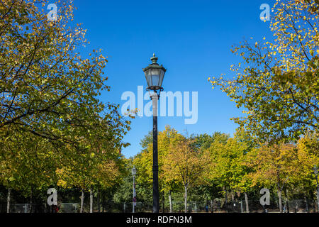 Vintage Laterne auf der Pole, zwischen grünen Bäumen des Parks. Straßenlaternen, üppige Flora und Menschen. Natur im Herbst Hintergrund. Stockfoto