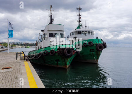 Schlepper im Hafen von Setúbal in der Mündung des Flusses Sado festgemacht, Portugal Stockfoto