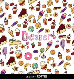 Doodle Abbildung: Desserts und Gebäck. Hand gezeichnet Vector Illustration im Cartoon Stil. Süßspeisen und Desserts Stock Vektor