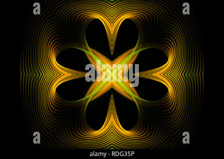 Abstrakte Motion Graphics mit Gelb Spiralen und Fraktale auf schwarzem Hintergrund. Parametrische Bewegung. Abstrakte futuristischen Raum Hintergrund. Stockfoto