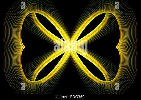 Abstrakte Motion Graphics mit Gelb Spiralen und Fraktale auf schwarzem Hintergrund. Parametrische Bewegung. Abstrakte futuristischen Raum Hintergrund. Stockfoto
