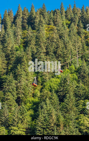 September 14, 2018 - Juneau, Alaska: Zwei rote Mount Roberts Tramway Autos reisen entlang Berg gegen den Hintergrund der grüne Bäume. Stockfoto