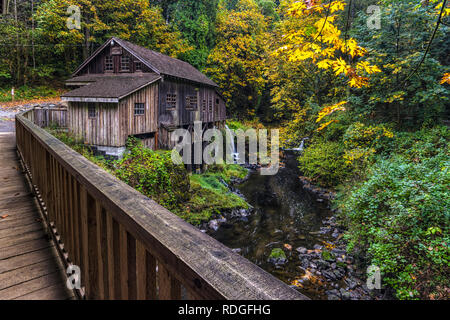 Blätter ändern Farben und die Lachse stromaufwärts laufen, was bedeutet, dass es Herbst im Cedar Schrotmühle im Staat Washington ist. Die mahlgut Stockfoto