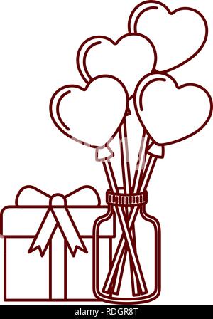 Glas mit Herz Ballons und Geschenkbox Symbole Stock Vektor