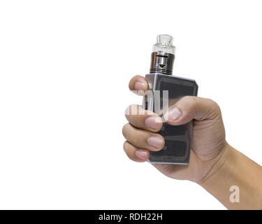 Mann hält eine große elektronische Zigaretten oder Dämpfe Zigarette auf weißem Hintergrund. Stockfoto