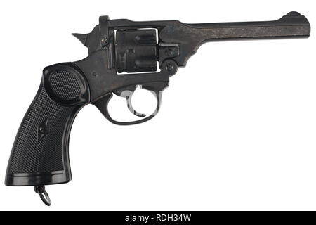 Webley Mk IV Top-Break Revolver, Pistole für die Streitkräfte des Vereinigten Königreichs und das Britische Empire und Commonwealth isoliert auf weißem Stockfoto