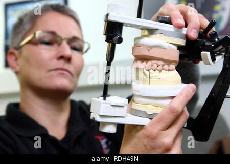 Dental Labor, Herstellung einer Prothese durch ein Handwerksmeister, Kontrolle der zahnmedizinischen Arbeit im Artikulator Stockfoto