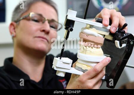 Dental Labor, Herstellung einer Prothese durch ein Handwerksmeister, Kontrolle der zahnmedizinischen Arbeit im Artikulator Stockfoto