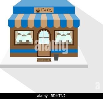 Cafe Symbol mit langen Schatten auf weißem Hintergrund. Cafe Fassade, gewerbliche Gebäude. Vector Illustration, EPS 10. Stock Vektor