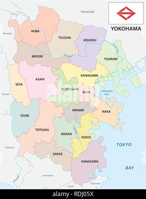 Yokohama administrative und politische Vektorkarte mit Fahne Stock Vektor