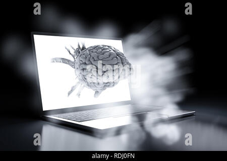 Künstliche Intelligenz Gehirn Konzept mit 3D-Rendering robotic Gehirn aus dem computer notebook Stockfoto
