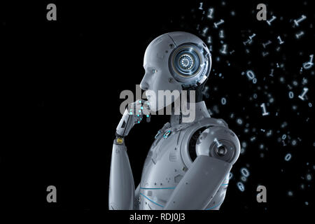 Machine Learning Konzept mit Roboter denken mit binären Code auf schwarzem Hintergrund Stockfoto