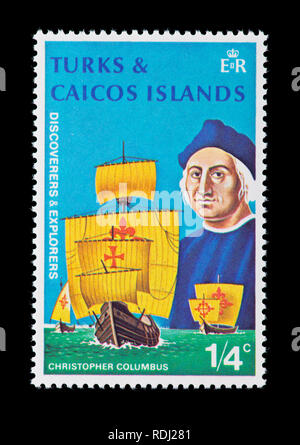 Briefmarke aus der Turks- und Caicosinseln, Christopher Columbus und seine drei shipd Stockfoto