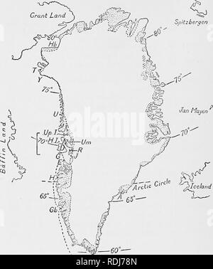 . Ein Sommer in Grönland. Natural History. Karte A. in Grönland. (Maßstab ca. 1 Zoll = 425 Km.) Der gepunkteten Küste - Regionen sind zum größten Teil frei von Eis im Sommer; der Rest ist unter dem Inlandeis. A. Angmagssalik (Ostküste S. des Polarkreises). D. in der Diskoinsel (Westküste, lat. 700 N.). E. Egedesminde (Westküste, lat. 68°N.). G. Godhavn, Disko Insel. Gb. Godthåb {Westküste, lat. 64°N.). H. Holsteinsborg (Westküste, in der Nähe der Arktischen Kreis). Hb. Humboldt Glacier (lat. 8 o°N). Hase Insel i "N.w. der Diskoinsel). J. jakobshavn (lat. 690 N.). N. Nugssuaq Halbinsel (lat. 7 o° Stockfoto