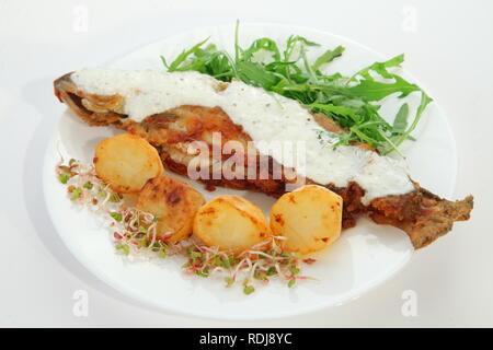 Gegrillter Fisch Fleisch mit Gemüse und Sauce Stockfoto