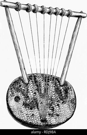 . Mensch und Tier in der östlichen Äthiopien: von Beobachtungen in British East Africa, Uganda und dem Sudan. Natural History; indigene Völker; Ethnologie. VII DRUMS 87 von Holz ist links als Griff: das entgegengesetzte Ende ist bedeckt mit, verstecken die sich in einem Kegel durch ein Stück stout Messingdraht vorbei nach oben durch die hohle des Drum gezogen wird: in der Nähe der Griff dieses Stück Draht wird über einen l) Ridge aus Holz wie eine Violine Saite gespannt und straff auf der Außenseite, in der Nähe des Griffs. Um die Trommel zu spielen, es ist am Griff gehalten. Ein sesse Gitarre. Es ist mit Python's Haut bedeckt. und Stockfoto
