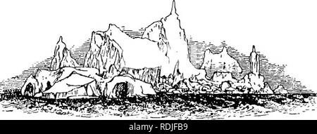 . Der Antarktis Handbuch für die Nutzung der Expedition von 1901. Wissenschaftliche Expeditionen; Naturgeschichte; Geophysik. INCLINEDIOEBERG. die Anziehung, die sie an die übergeordneten Masse hält überwinden. In der nächsten Phase der Prozess des Verfalls aufweisen, gefunden werden 50 oder 60 Meilen vom Land, und in den meisten Fällen mit ihren Oberflächen mit einem erheblichen Winkel zum Horizont geneigt. Dies wird durch eine Änderung der Lage des Lastschwerpunktes verursacht, die sich aus der abschließenden Aktion der Wellen. Durch unsere Beobachtungen auf die Temperatur des Meeres, ist es offensichtlich, dass diese ice-Inseln werden wenig Stockfoto