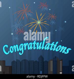 Erstellt herzlichen Glückwunsch Stadt mit Feuerwerk Himmel Hintergrund, Vektor Stock Vektor