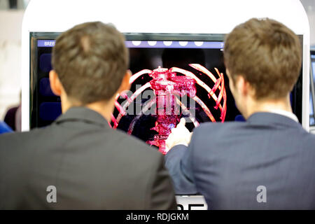 POZNAN, Polen - 12. April. 2016: Zwei junge Medizinstudenten lernen Anatomie des Körpers. Die Internationale Messe Posen SALMED 2016, Polen. Stockfoto