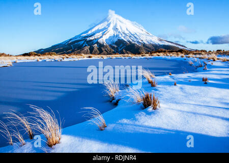 Schneebedeckten Mount Taranaki in Neuseeland, iconic massive Kegel von einem aktiven Vulkan, beliebtes Touristenziel. Stockfoto