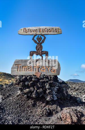 Eingang Schild "Nationalpark Timanfaya", Yaiza, Lanzarote, Kanarische Inseln Stockfoto