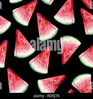 Rote Wassermelone nahtlose Muster auf schwarzen Hintergrund. Querschnitt der Sommer saftige Frucht. Frische und Reife Stücke der Süssen Pflanze mit Samen. Vitamine Fashion Textile Design für Drucke Stockfoto