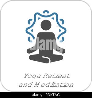 Yoga Retreat und Meditation Symbol. Flaches Design Yoga Posen mit Mandala Ornament auf der Rückseite. Isolierte Abbildung. Stock Vektor