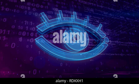 Cyber spy und Überwachung im Internet. Die Bespitzelung und Verfolgung der Privatsphäre im Cyberspace mit Auge Symbol auf digitalen Hintergrund 3D-Abbildung. Stockfoto