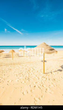 Palm Leaf Sonnenschirme am leeren Strand Stockfoto