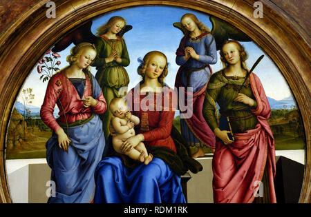 Thronende Madonna mit dem Kind, Zwischen Santa Rosa, Santa Caterina d'Alessandria und zwei Engel. 1490 - 1495. von PERUGIN - Pietro Vannucci 1450-1523 Italien Italienisch Stockfoto